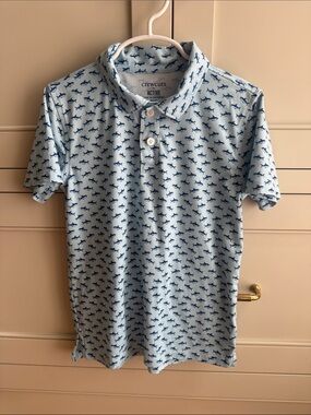 Crewcuts Light Blue Polo with Navy Shark Print 6/7